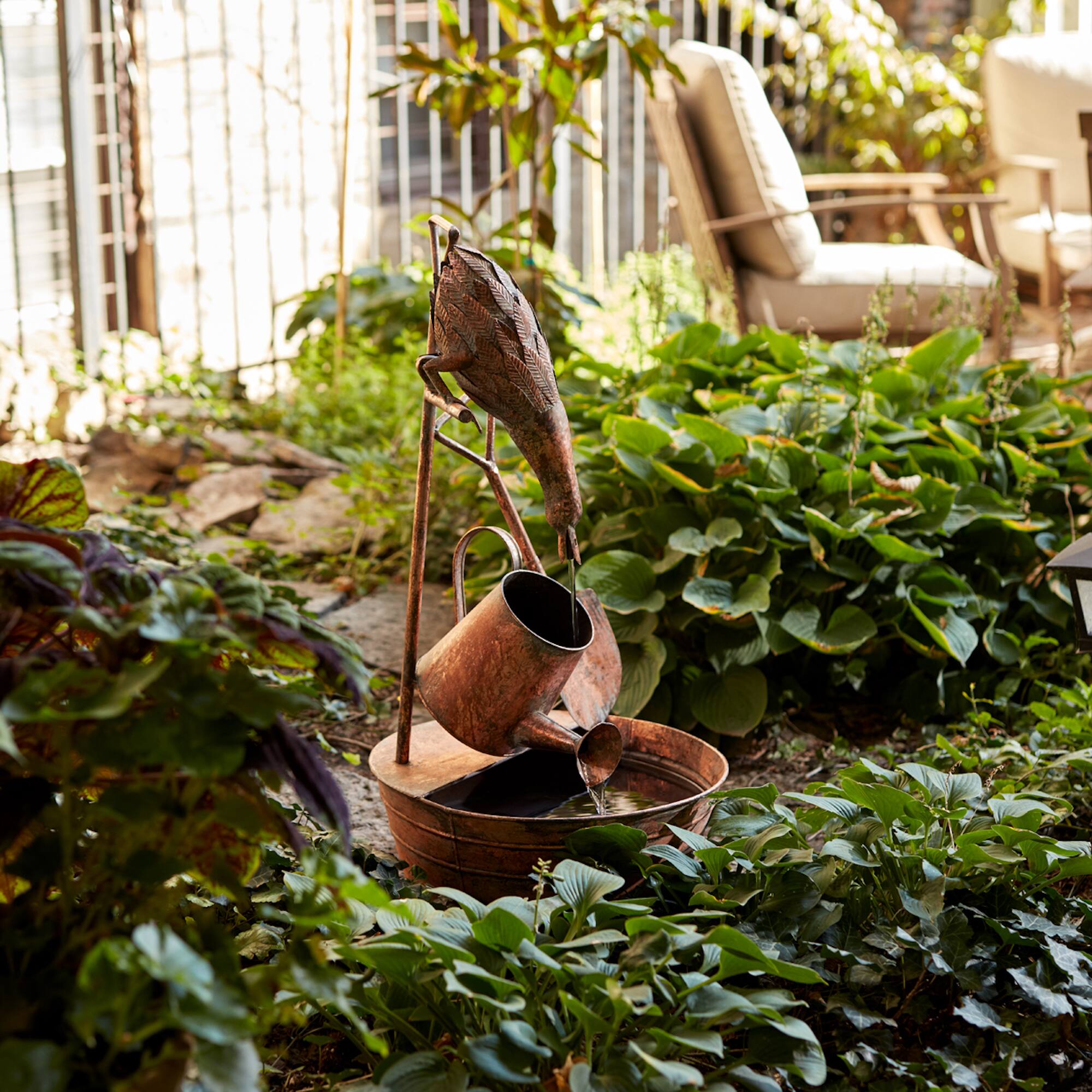33" Brown Rustic Metal Fountain with Duck & Watering Can